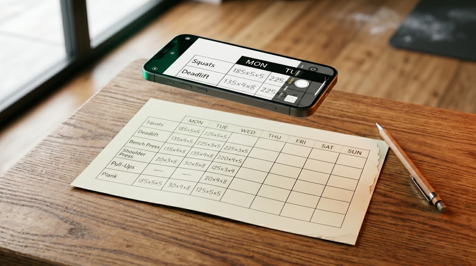 A printed Platework workout sheet with handwritten weights and a phone above it taking a photo